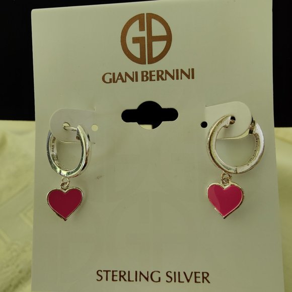 🌻NWOT - GIANI BERNINI Enamel Heart Dangle Hoop Earrings in Sterling Silver - Picture 1 of 1